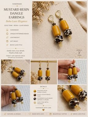 Handmade Mustard Resin Patterned Glass Bead Dangle Earrings Gold Tone Boho Luxe